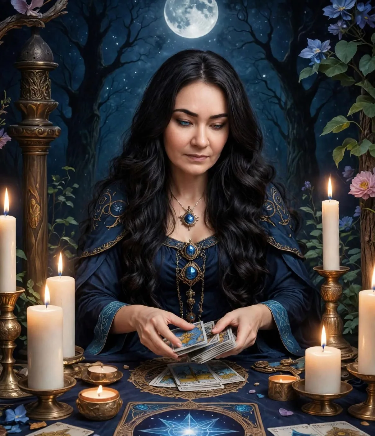 Mesa de leitura de tarô à luz de velas